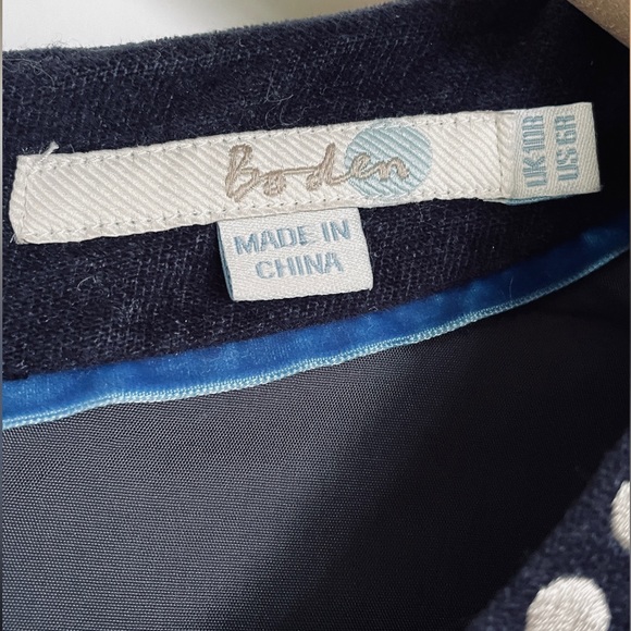 BODEN // navy blue velour velvet fit & flare  mini dress shirt sleeve polka dot - Picture 10 of 12
